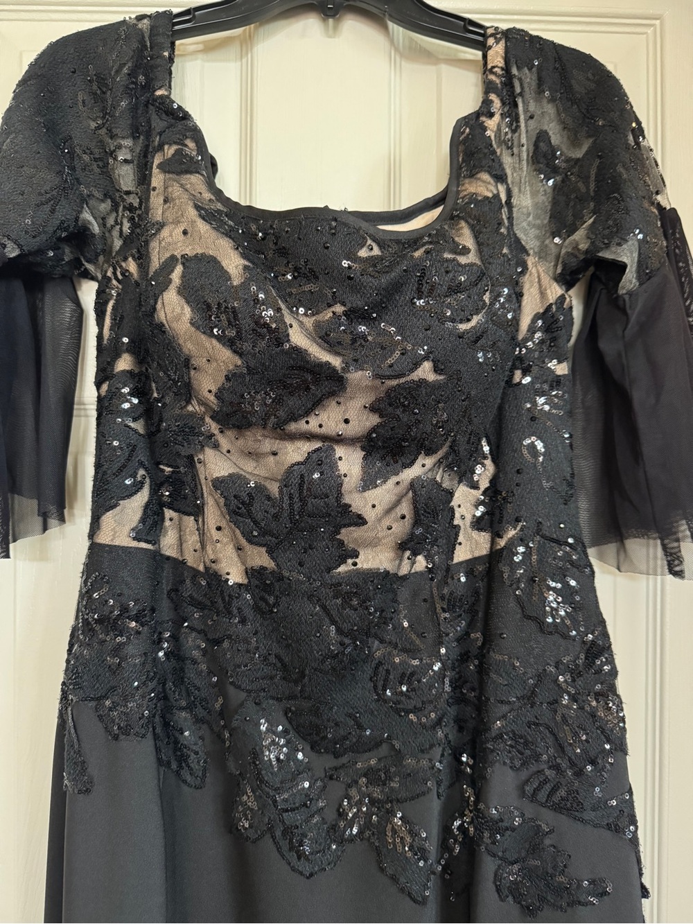 Terani Couture Black Lace & Sequin Long Sleeve Evening Gown